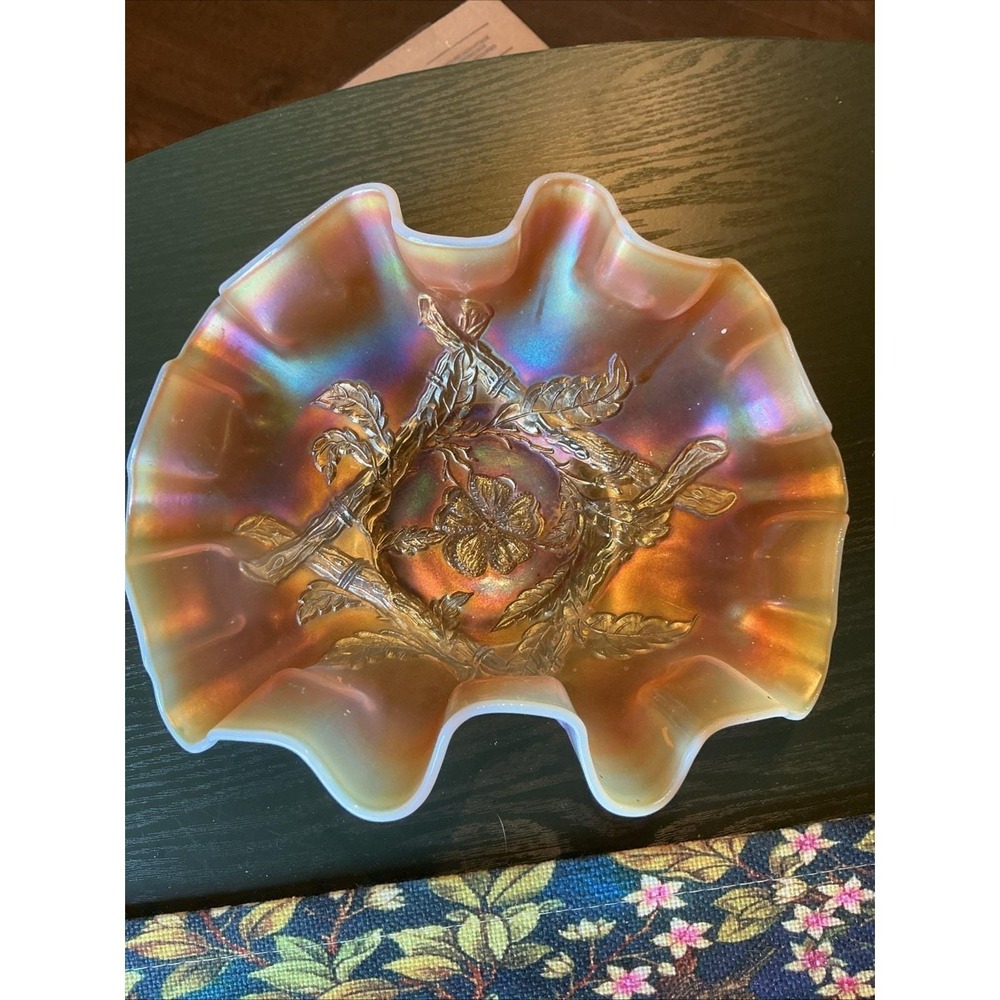 Antique Dugan Apple Blossom Twigs Marigold Carnival Glass Ruffled Plate